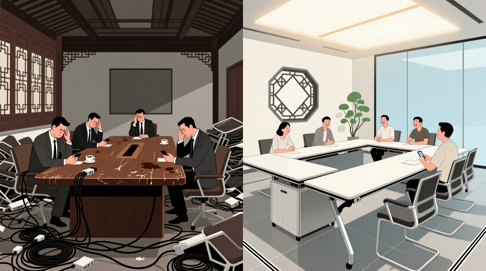 传统会议室 vs 模块化会议室对比图